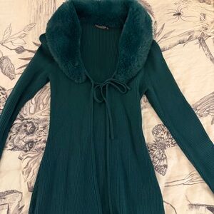 Teal Faux Fur Collar Cardigan